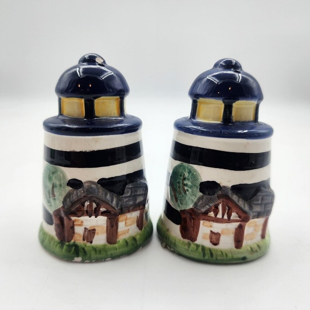 Alco Industries Lighthouse Salt & Pepper Shakers Set Ceramic Blue White 3.25 in